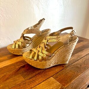 Fergalicious - Women’s - Gold Gladiator Espadrille Wedges - Size 7 - 5” Heel
